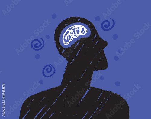 black silhouette man head and tangled knot inside concept. Doodle trendy metaphor for mental disorder, dementia, schizophrenia.