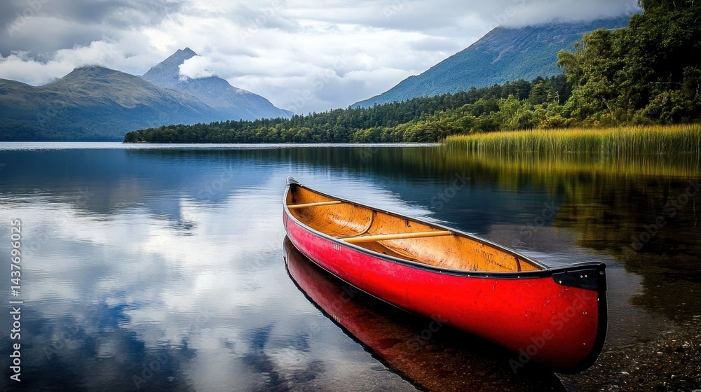 A vibrant red canoe on a serene lake with mountains reflecting in the water A vibrant red canoe on a serene lake with mountains reflecting in the water