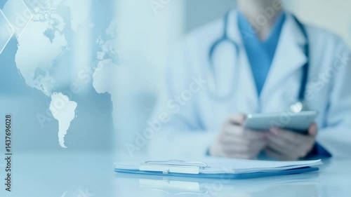 Blurred medical  background with doctor with tablet on medical blue background with world map and copy space. International Medical services and consultations, insurance, healthcare. Copy space.