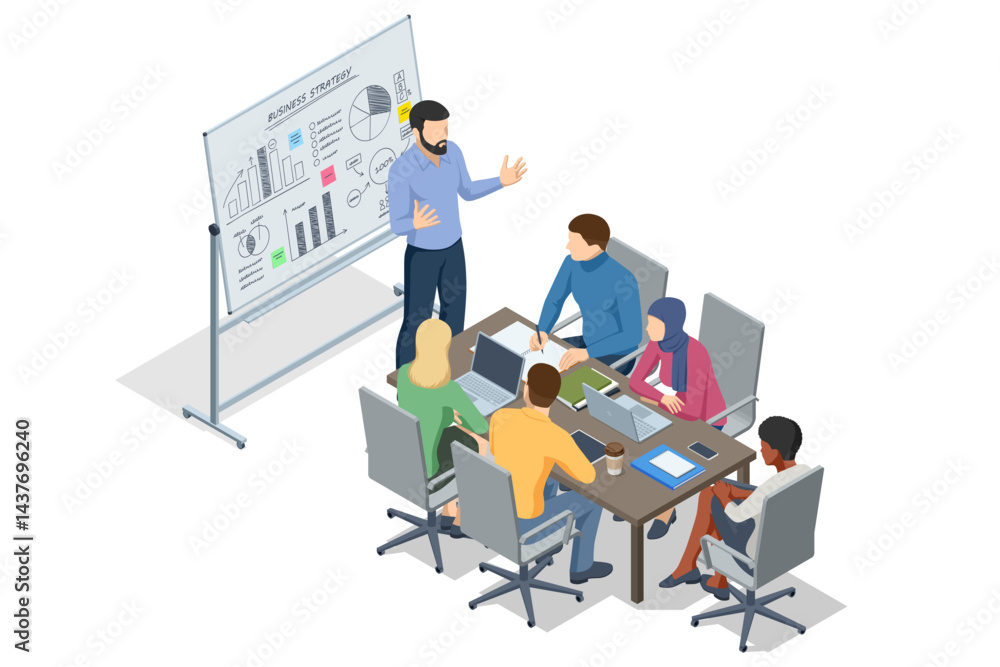 Isometric scene of people analyzing business charts and graphs on a flipchart during a strategy discussion. Flipchart with Business Profit Graphs and Analytics. Team Discussion on Business Strategy Isometric scene of people analyzing business charts and graphs on a flipchart during a strategy discussion. Flipchart with Business Profit Graphs and Analytics. Team Discussion on Business Strategy