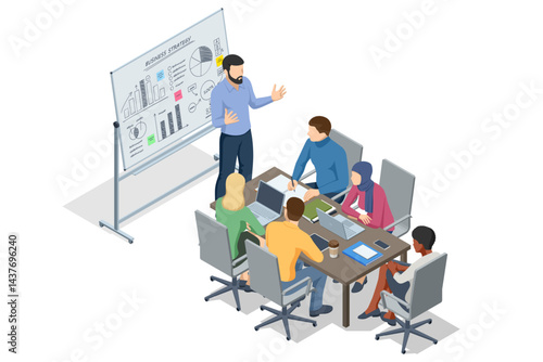 Isometric scene of people analyzing business charts and graphs on a flipchart during a strategy discussion. Flipchart with Business Profit Graphs and Analytics. Team Discussion on Business Strategy