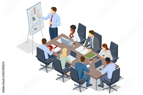 Isometric scene of people analyzing business charts and graphs on a flipchart during a strategy discussion. Flipchart with Business Profit Graphs and Analytics. Team Discussion on Business Strategy