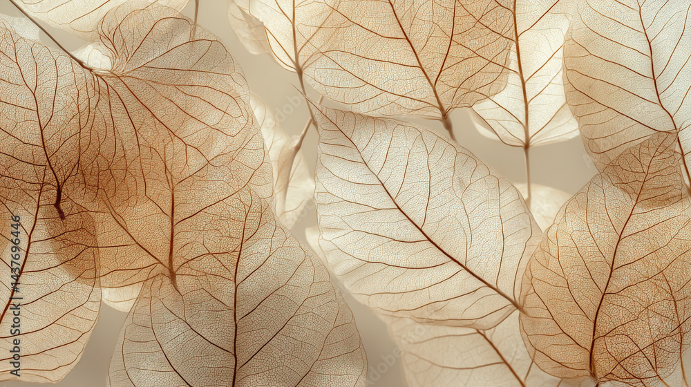 Delicate beige transparent leaves with intricate veins and natural texture, softly lit beige transparent leaves with natural texture, Abstract beige leaves and flower petals,
