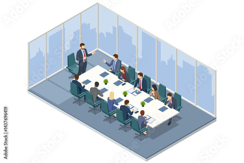 Isometric scene of people analyzing business charts and graphs on a flipchart during a strategy discussion. Flipchart with Business Profit Graphs and Analytics. Team Discussion on Business Strategy
