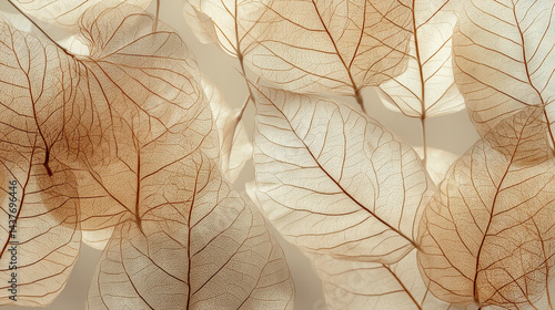 Obraz na płótnie Delicate beige transparent leaves with intricate veins and natural texture, softly lit beige transparent leaves with natural texture, Abstract beige leaves and flower petals, w salonie