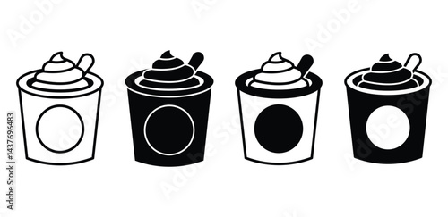 Yogurt Icon Black and White Illustrations of Cups with Whipped Cream and Spoons Vector Design