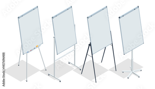 Isometric vector of flipcharts for showing detailed business strategy and analytics diagrams with colourful notes, tutorial material. Flipchart with Business Profit Graphs and Analytics