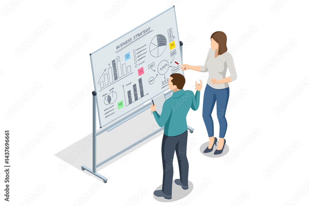 Isometric scene of two people analyzing business charts and graphs on a flipchart during a strategy discussion. Flipchart with Business Profit Graphs and Analytics Isometric scene of two people analyzing business charts and graphs on a flipchart during a strategy discussion. Flipchart with Business Profit Graphs and Analytics