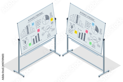 Isometric vector of two flipcharts showing detailed business strategy and analytics diagrams with colorful notes. Flipchart with Business Profit Graphs and Analytics