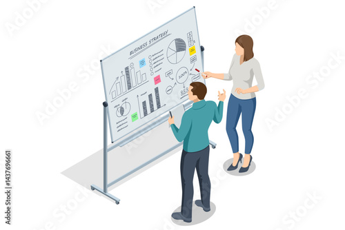 Isometric scene of two people analyzing business charts and graphs on a flipchart during a strategy discussion. Flipchart with Business Profit Graphs and Analytics