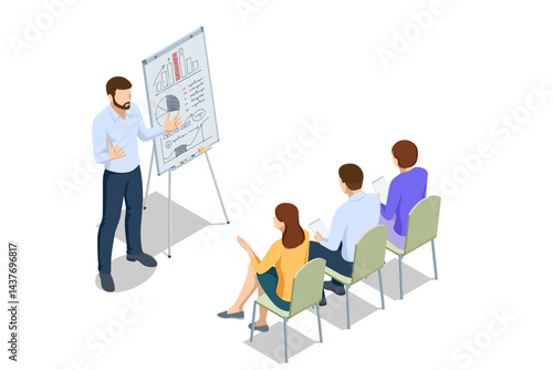 Isometric scene of people analyzing business charts and graphs on a flipchart during a strategy discussion. Flipchart with Business Profit Graphs and Analytics. Team Discussion on Business Strategy