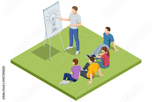 Isometric scene of people analyzing business charts and graphs on a flipchart during a strategy discussion. Flipchart with Business Profit Graphs and Analytics. Team Discussion on Business Strategy