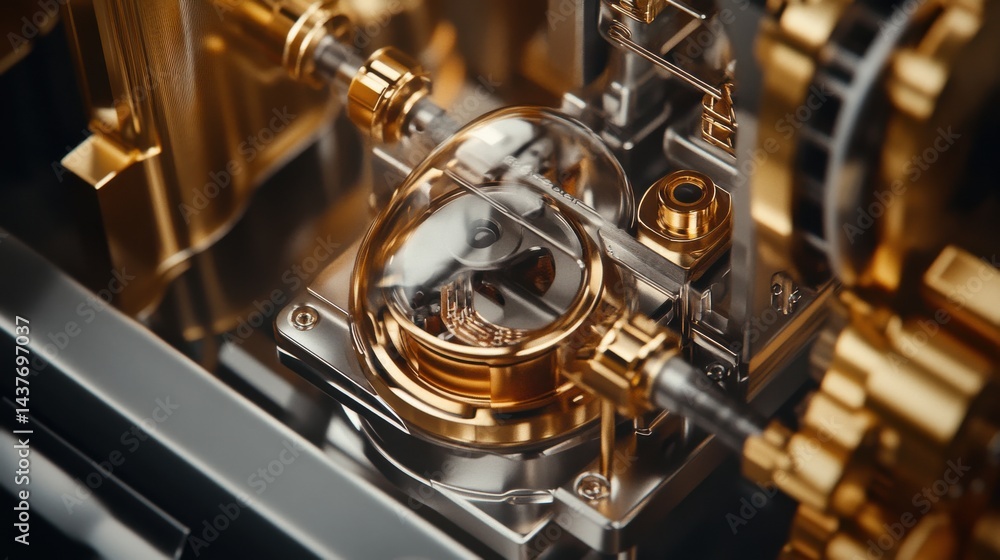 Obraz premium Intricate Close-Up of Golden Mechanical Components Inside a Precision Engine Design