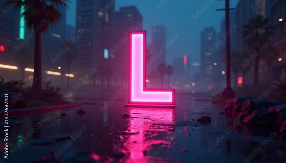 Obraz premium Neon Letter L In A Rainy Cityscape Glowing At Night
