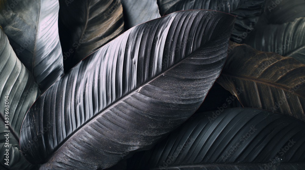 Fototapeta premium Develop an oil leaf painting with a solid charcoal grey background, Abstract black leaf textures 