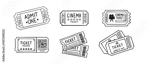  cinema ticket doodle hand drawn icon set. Outline drawing cinema ticket line clipart symbol collection