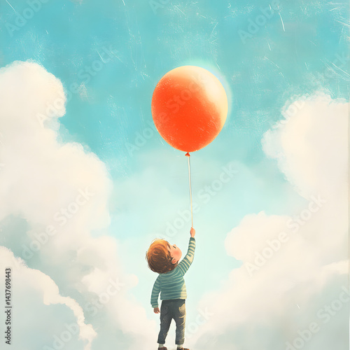 A child is holding a red balloon and looking up at the sky