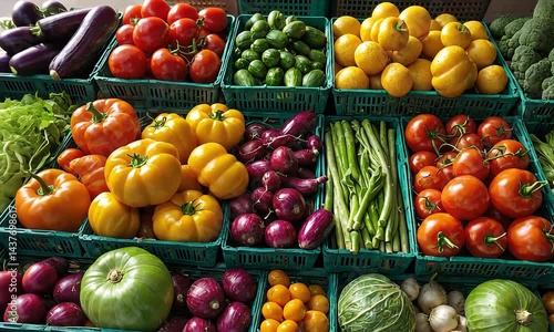 Colorful produce market scene with fresh vegetables in blue plastic crates.