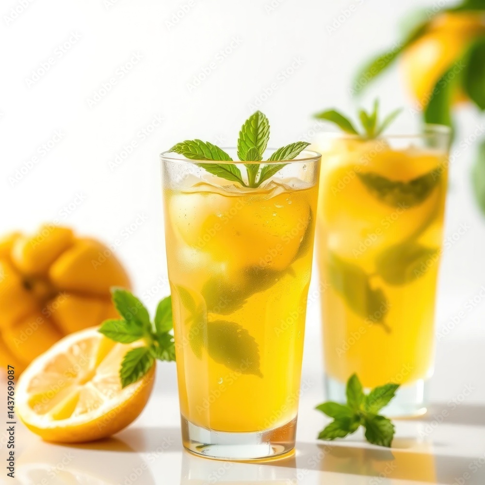 Fototapeta premium Refreshing Citrus Burst: Iced Lemonade with Mint and Ice Cubes on a Bright Surface