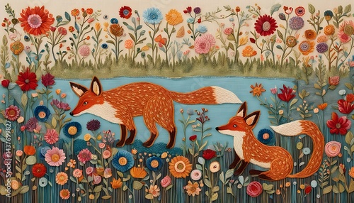 Embroidery Art Fox And Wildflowers Handmade