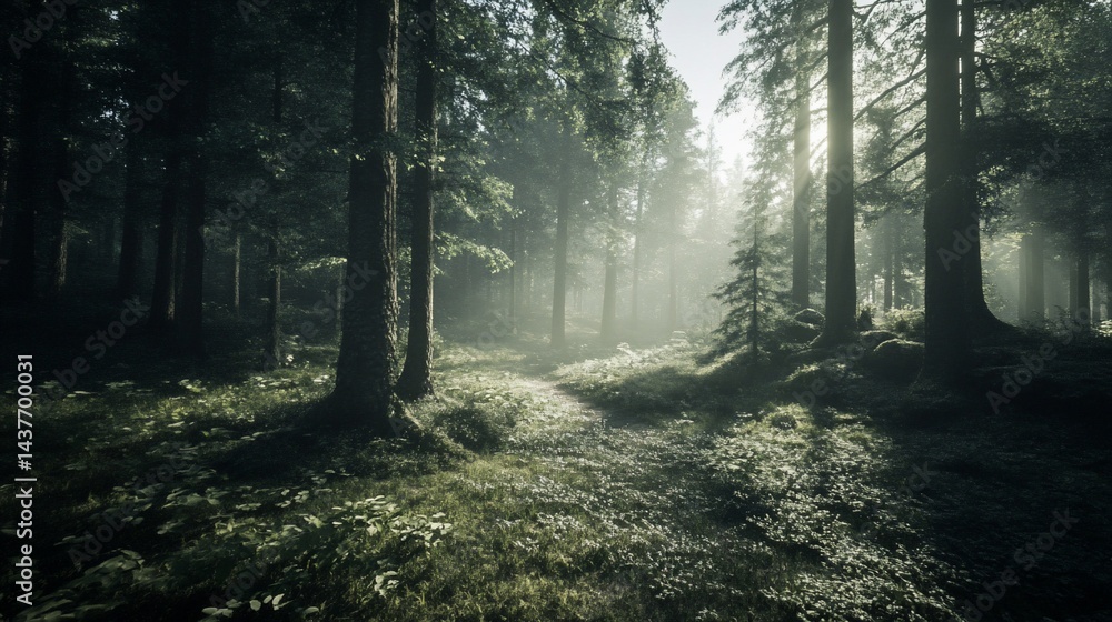 Naklejka premium Sunlit path through a dense forest, creating a tranquil and mystical atmosphere