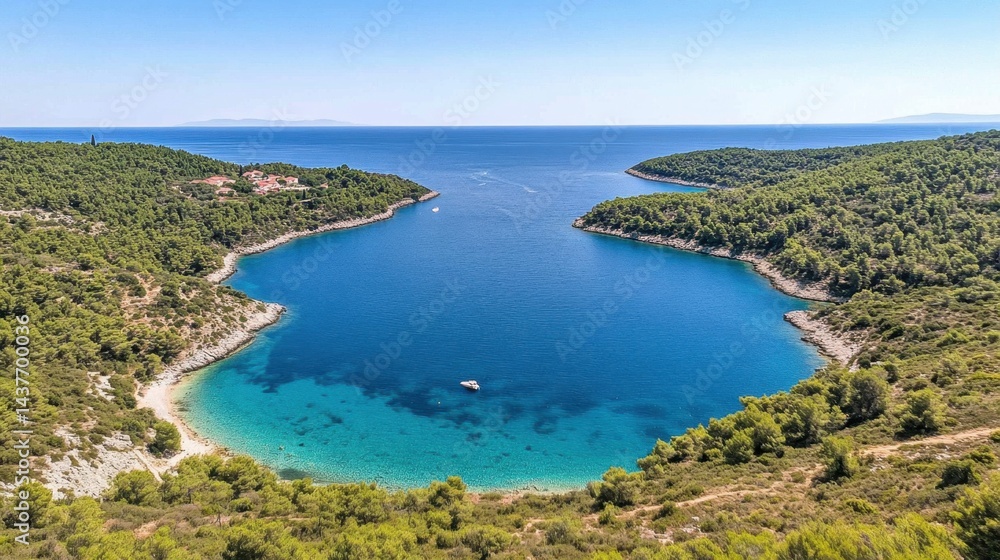 Stunning panoramic view of a tranquil sea surrounded by lush green islands Stunning panoramic view of a tranquil sea surrounded by lush green islands