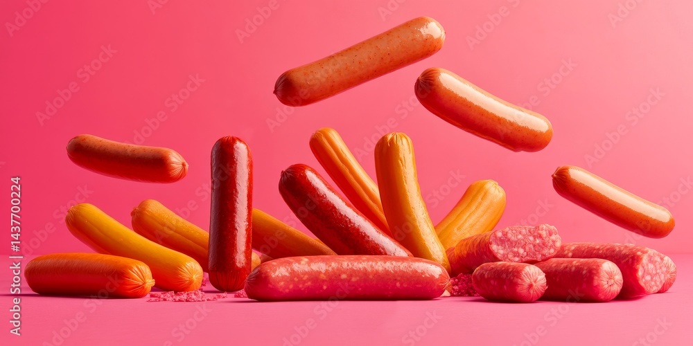 Colorful assortment of sausages floating against a pink background. The image offers a playful and vibrant composition ideal for food and culinary themes. Perfect for marketing. AI