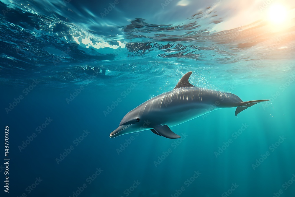 Obraz premium A dolphin joyfully swimming near the surface of the clear blue ocean, sunlight filtering through the waves, vibrant and lively marine scene, plenty of empty space.