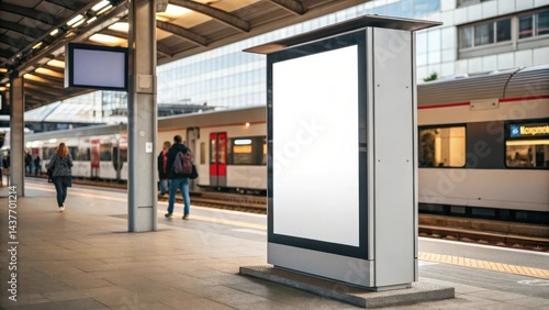 Large empty advertising billboard on a bustling railway platform with people boarding modern trains in a bright urban station.