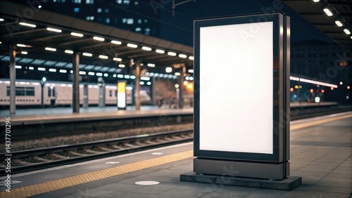 Large glowing advertising billboard on an empty railway platform at night, creating a calm, urban scene with soft lights and tracks.