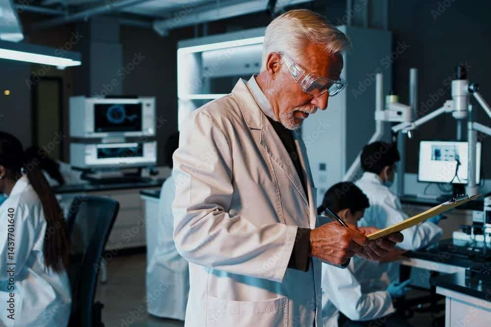 A PhD professor instructs a group of science students on the fundamentals of biological engineering while the laboratory head supervises and records their discoveries A PhD professor instructs a group of science students on the fundamentals of biological engineering while the laboratory head supervises and records their discoveries