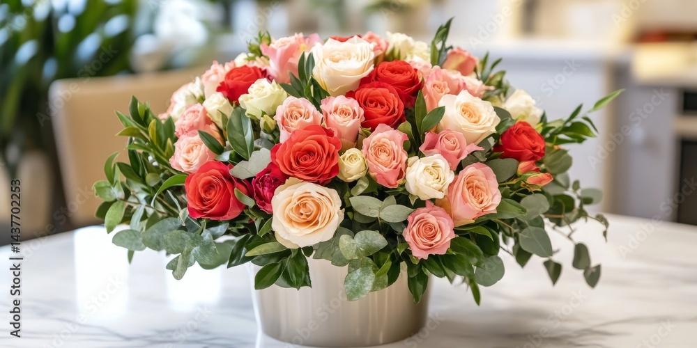 A vibrant bouquet of roses in shades of pink and red sits beautifully arranged on a table. This floral display adds elegance to any space. Perfect for decoration or gifting. AI