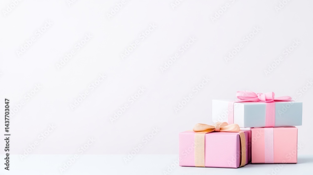 Obraz premium Four pastel-colored gift boxes with ribbons stacked on a clean white surface, minimalistic composition, soft lighting, and celebration concept.