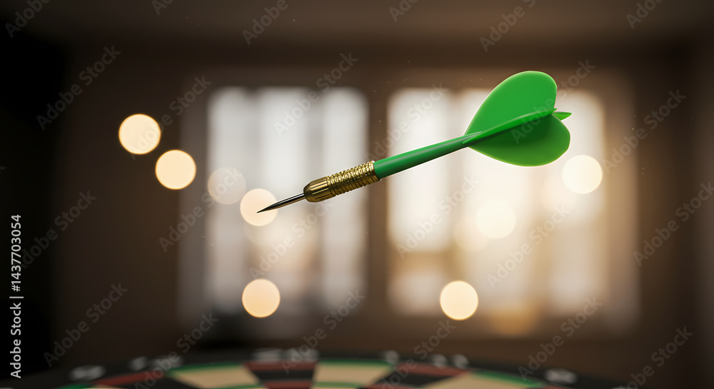 Green Dart in Flight Closeup Photo of Dartboard Game Green Dart in Flight Closeup Photo of Dartboard Game