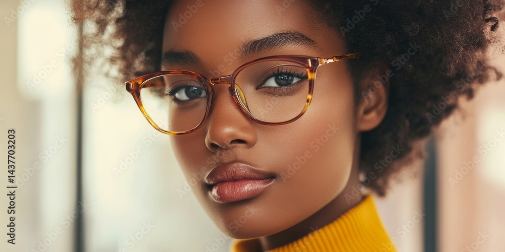 A close-up portrait of a young woman with natural curly hair wearing stylish glasses. She displays confidence and beauty with soft lighting. Perfect for fashion and lifestyle themes. AI