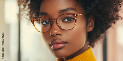 Obraz na płótnie A close-up portrait of a young woman with natural curly hair wearing stylish glasses. She displays confidence and beauty with soft lighting. Perfect for fashion and lifestyle themes. AI w salonie