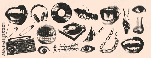 Halftone photocopy music elements set. Vinyl record, mouth with disco ball, microphone, cassette, speaker, eyes, chain with grunge punk doodle scribbles collection. Vector. 