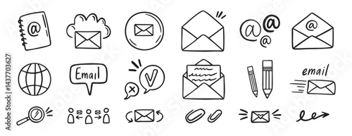 mail and email icon doodle hand drawn set. Outline drawing mail and email line clipart symbol collection
