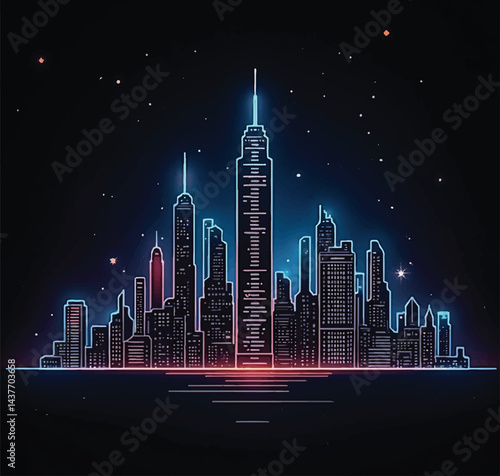 The tallest building in the center emits a radiant beam of light, adding a sense of energy and modernity. Reflections on a calm surface below enhance the cityscape's serene yet dynamic atmosphere, 