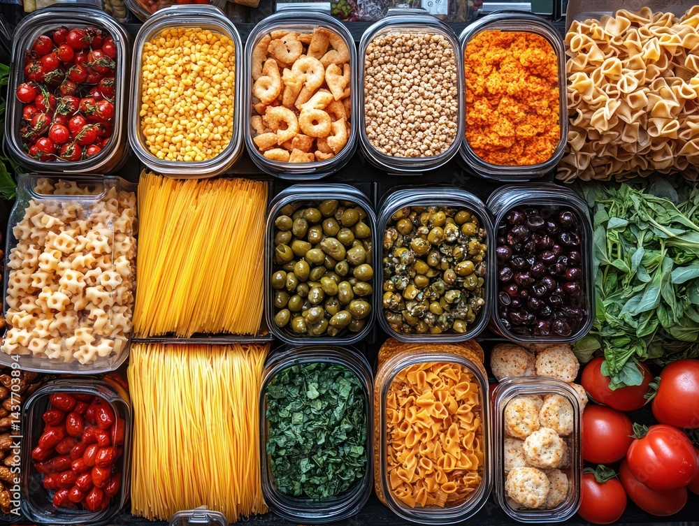 Assorted food ingredients including pasta vegetables and beans in clear plastic containers. Assorted food ingredients including pasta vegetables and beans in clear plastic containers.