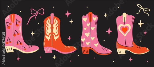 Set of various stylized western cowboy, cowgirl boho aesthetic boots hand-drawn vector illustration design elements, stickers decoration in cartoon colorful pink girly retro groovy funky hippie style 