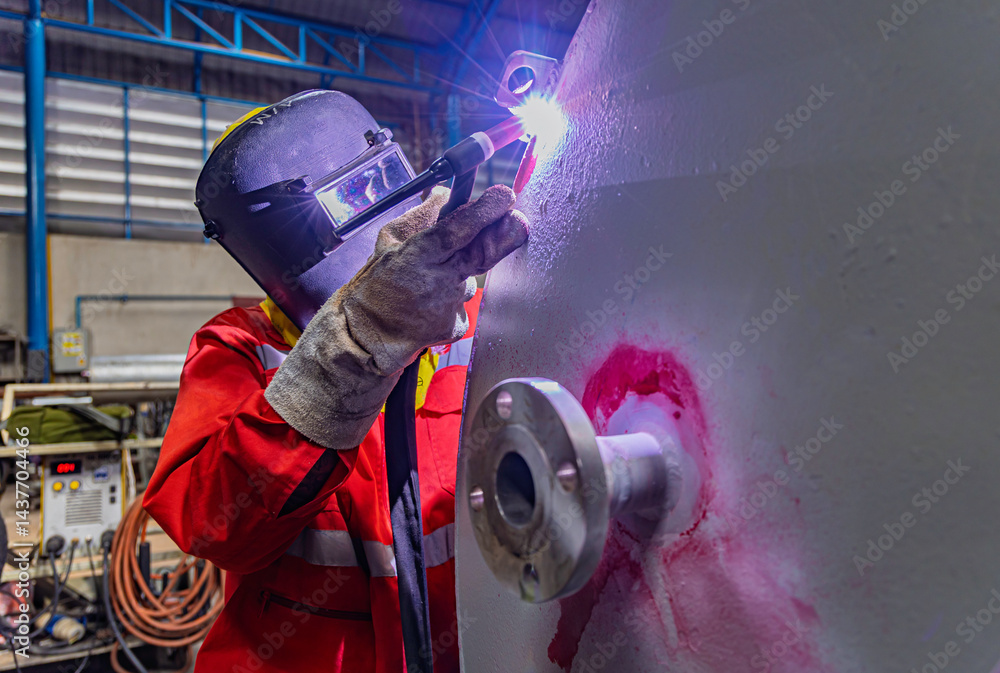 Industrial welding fabricated tank stainless steel repair construction work in factory, Welding process by Gas Tungsten Arc Welding