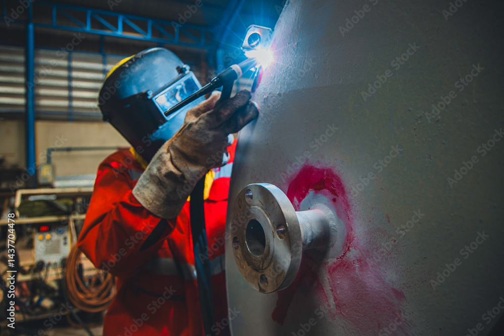 Industrial welding fabricated tank stainless steel repair construction work in factory, Welding process by Gas Tungsten Arc Welding