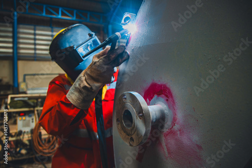 Obraz na płótnie Industrial welding fabricated tank stainless steel repair construction work in factory, Welding process by Gas Tungsten Arc Welding w salonie