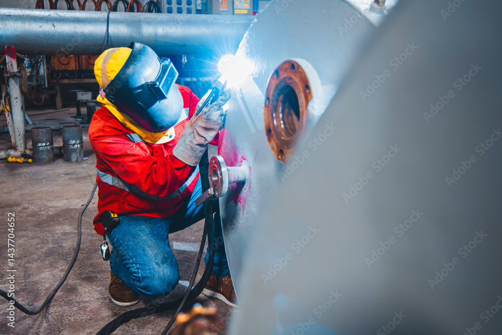 Industrial welding fabricated tank stainless steel repair construction work in factory, Welding process by Gas Tungsten Arc Welding