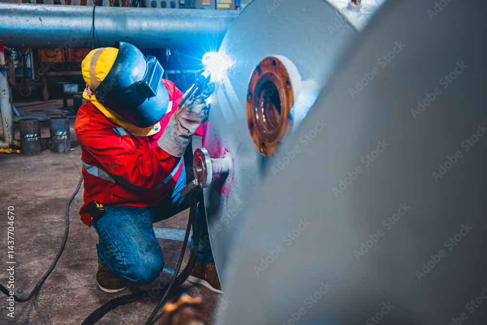 Industrial welding fabricated tank stainless steel repair construction work in factory, Welding process by Gas Tungsten Arc Welding