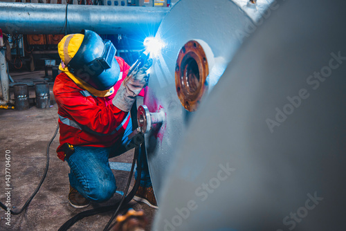 Industrial welding fabricated tank stainless steel repair construction work in factory, Welding process by Gas Tungsten Arc Welding