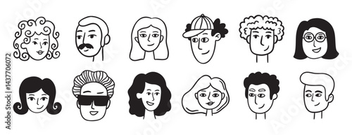 people avatars for social media, website doodle hand drawn icon set. Outline drawing trendy portraits girls and guys line clipart symbol collection. 