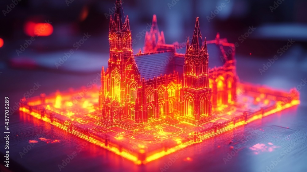 Naklejka premium glowing wireframe gothic cathedral 3d model on dark table