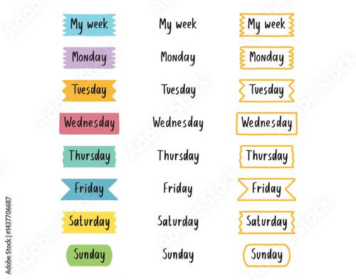 cute labels days of the week. Sunday, Monday, Tuesday, Wednesday, Thursday, Friday, Saturday. days of the week doodle